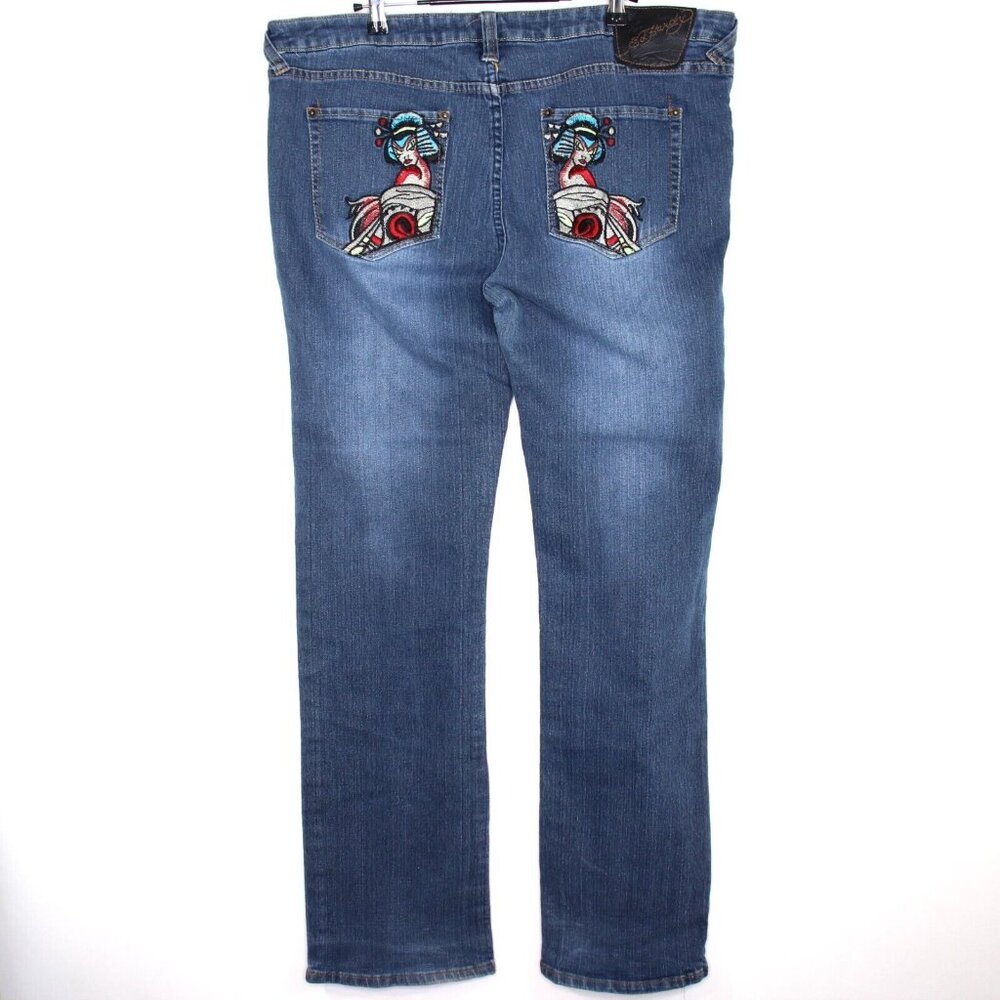 Vintage Ed Hardy Womens 40 x 33 Geisha Embroidered Y2K Jeans G1376